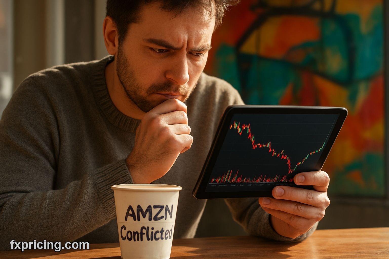 Person looking confused at Amazon.com, Inc. chart with text "AMZN: Conflicted?"