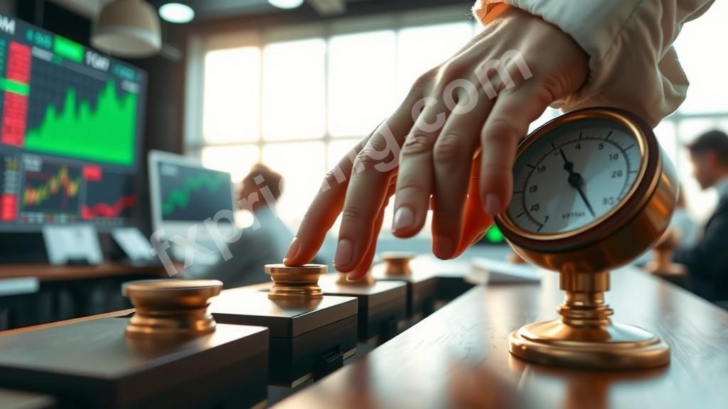 Hands adjusting antique RSI and volatility dials showing conflicting market data.