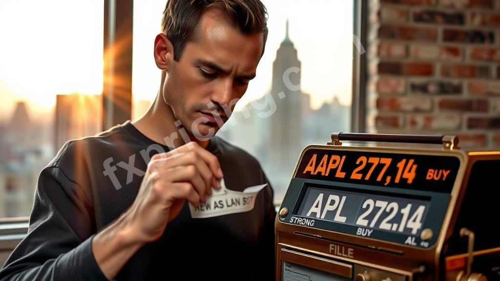 Person studying Apple Inc. stock ticker with conflicting signals.