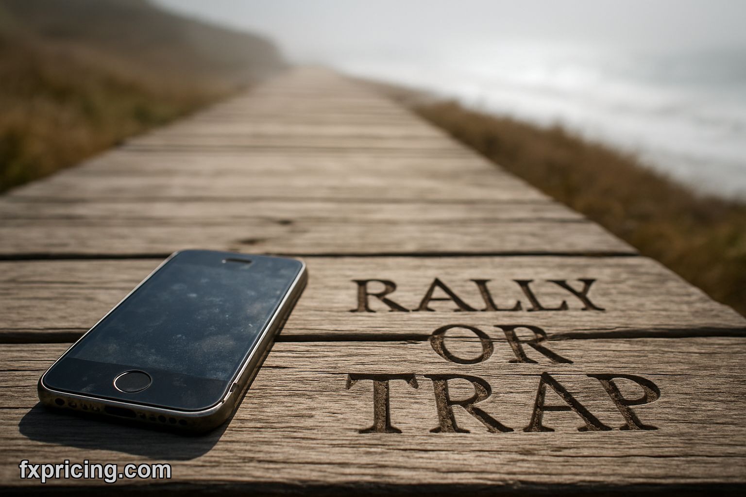 iPhone on weathered boardwalk with carved text questioning Apple stock rally