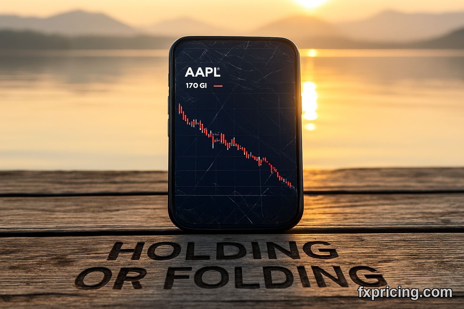 Apple Inc. stock price chart on cracked phone screen at sunrise