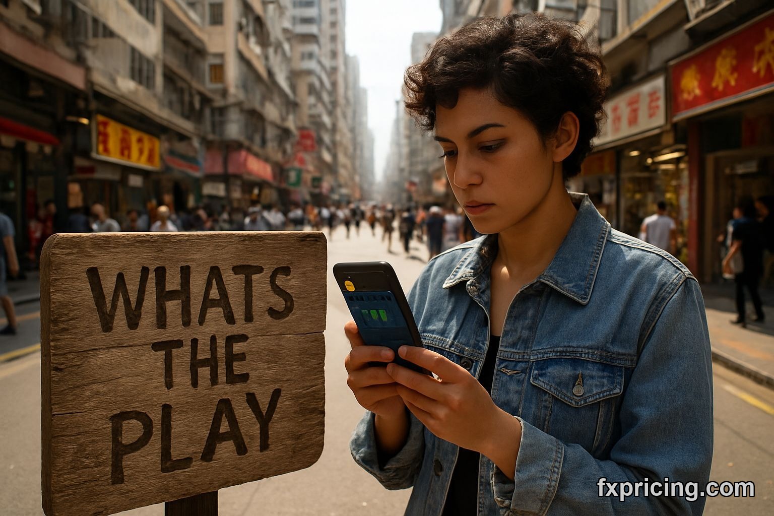 Woman checks Bitcoin chart, "WHAT'S THE PLAY?" sign