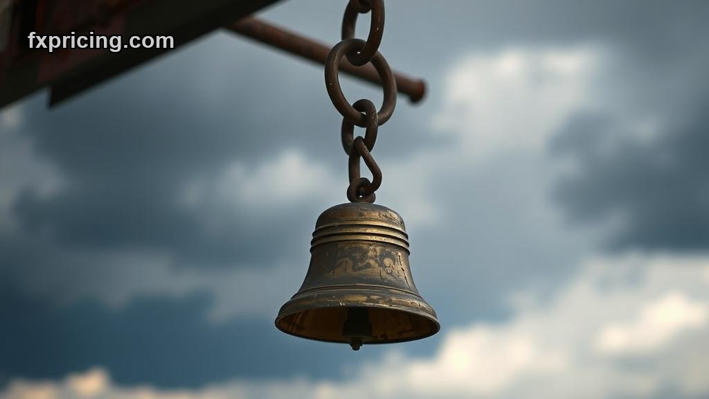 Old brass bell ringing against storm clouds.