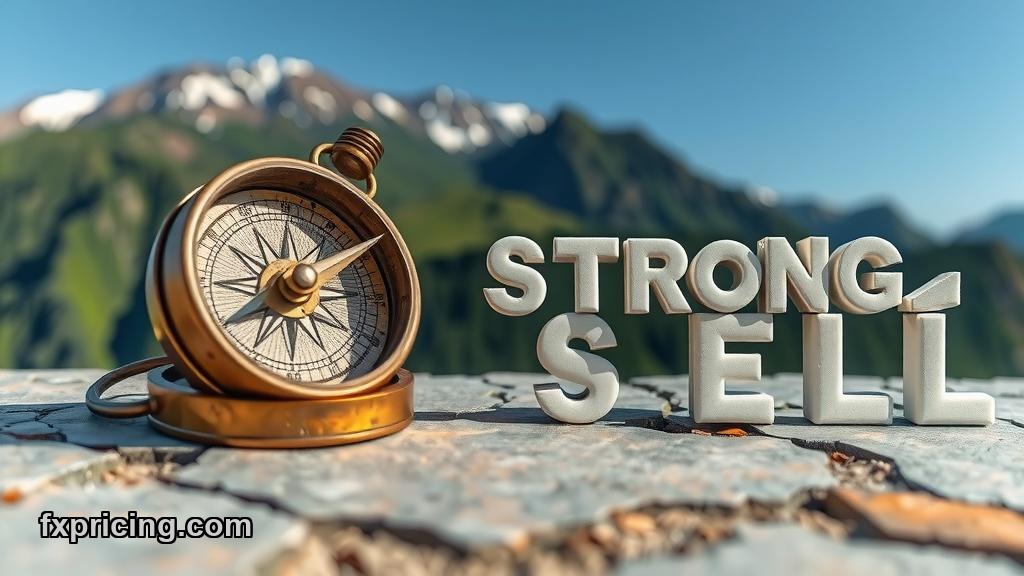 Antique compass points down on stone wall, "STRONG SELL" text.