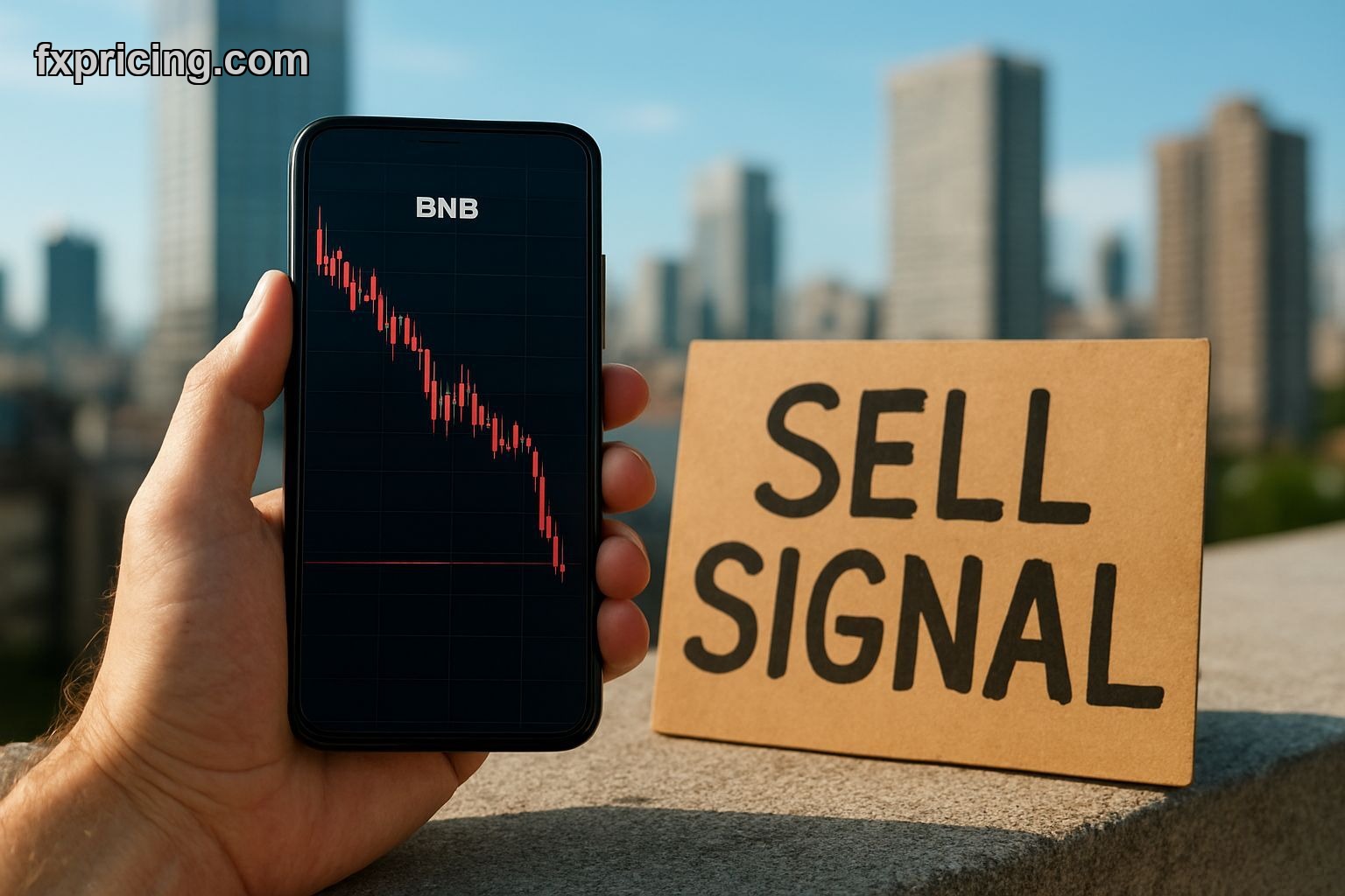 BNB price chart showing sell signal on smartphone outdoors