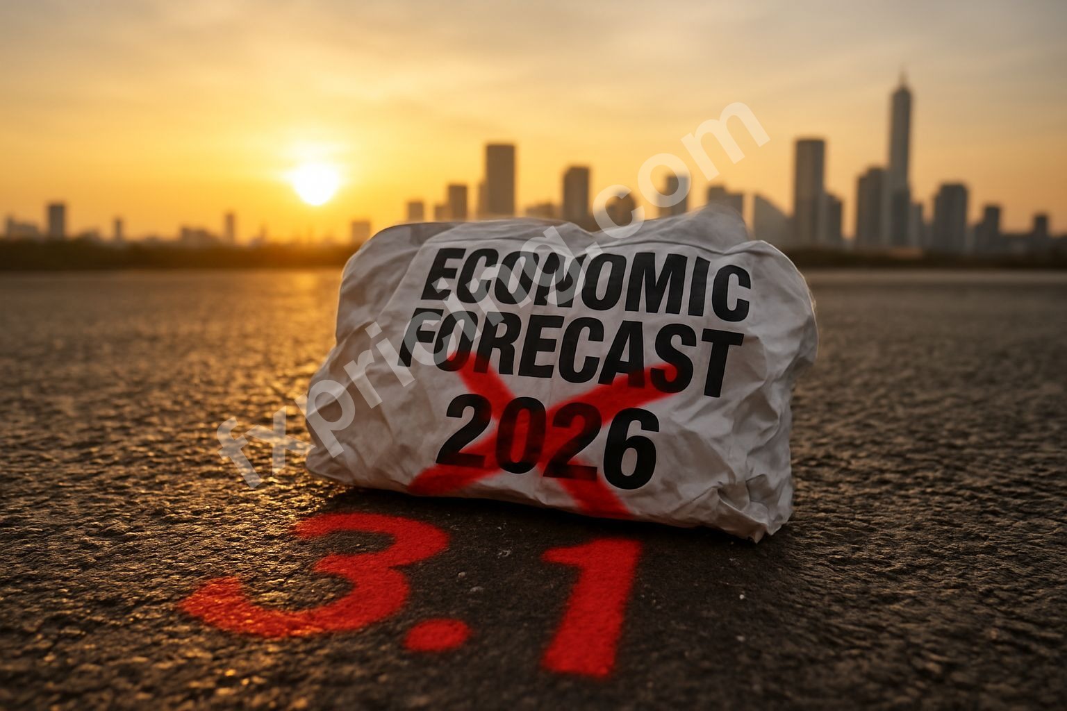 Crumpled 2026 economic forecast newspaper with red 'X' on city pavement.