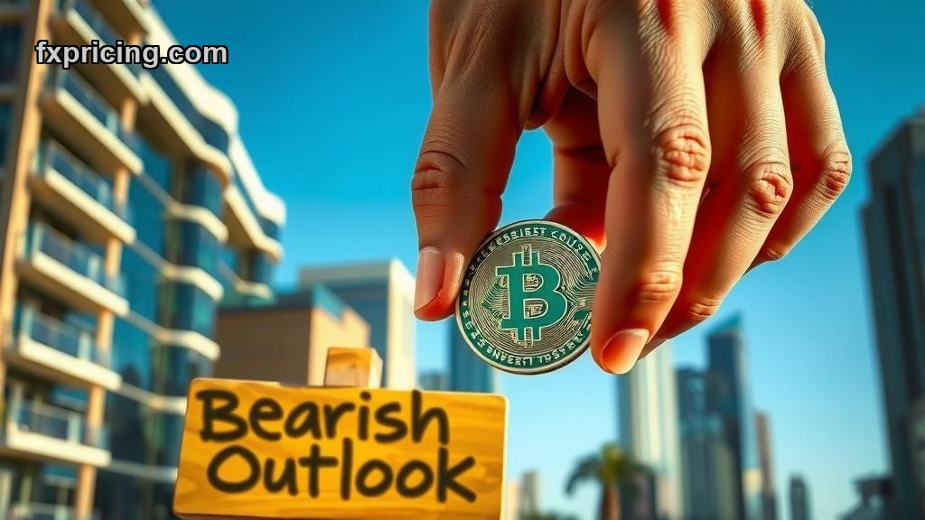 Worn hands holding green crypto coin against bright city skyline, "Bearish Outlook" sign.