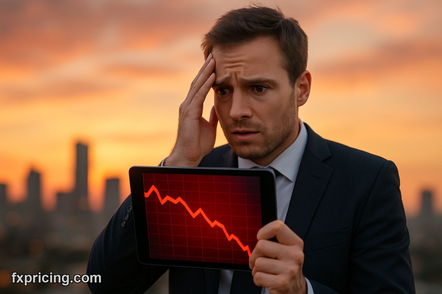 Worried investor holding tablet