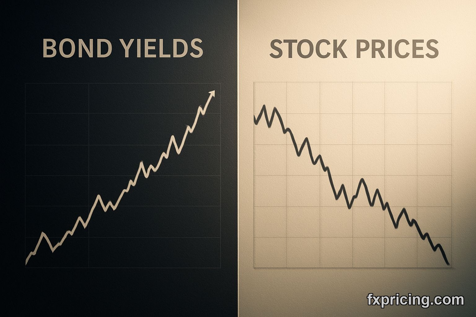 Contrast: Upward bond yields vs. downward stock prices on screens.