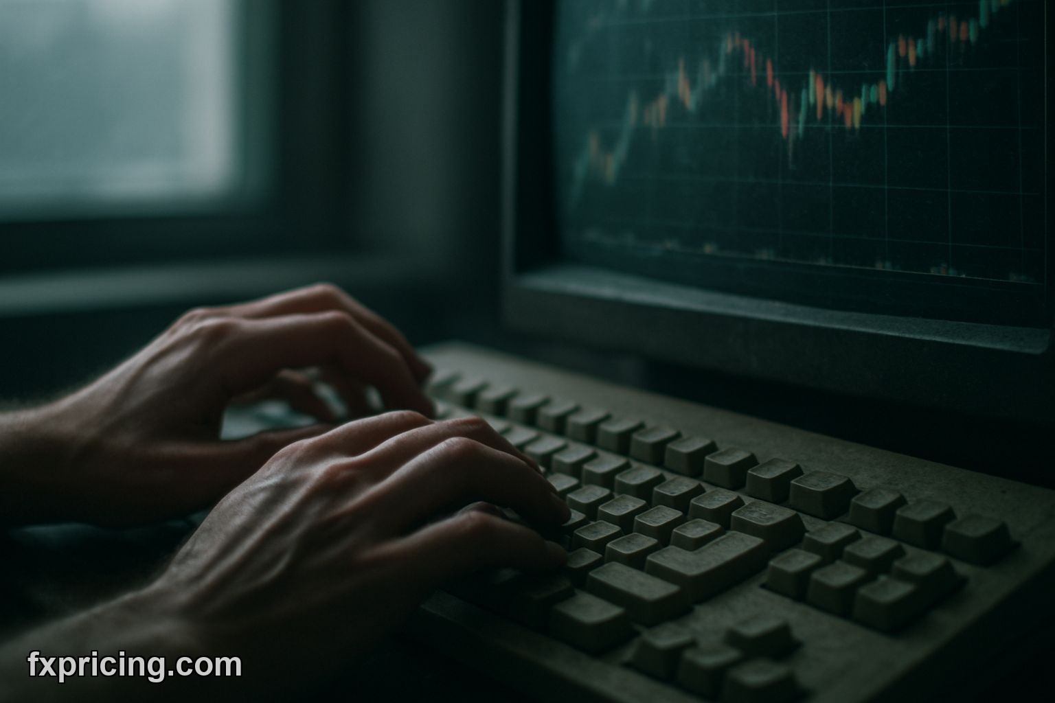 Hands typing on keyboard with stock charts reflected on screen.