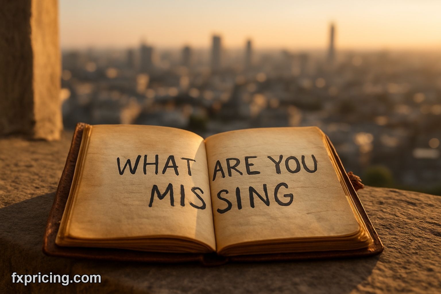 Worn journal with "WHAT ARE YOU MISSING?" on stone sill overlooking city.