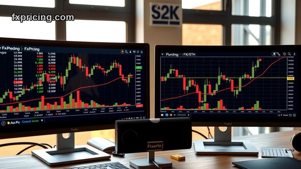 FXPricing dual-screen crypto pair monitoring setup with live data tables