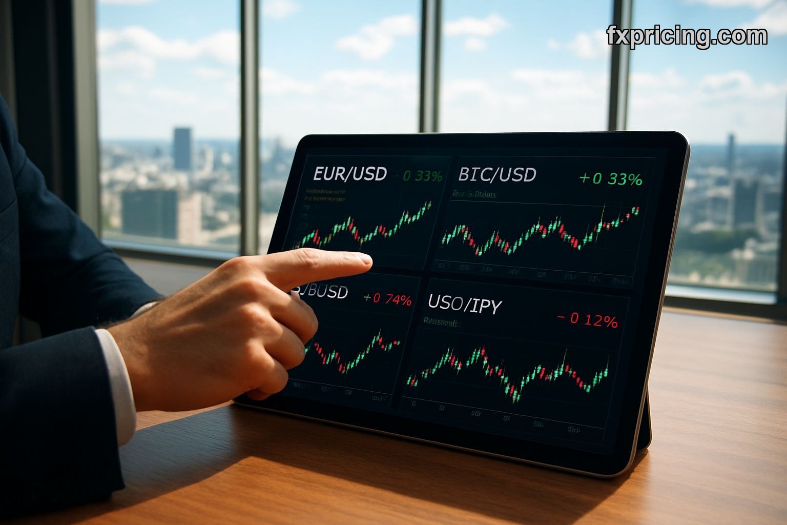 Trader reviewing live FXPricing forex rates on tablet screen with city skyline