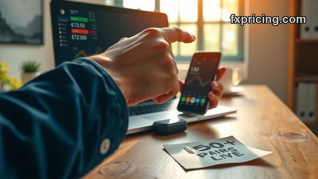 Hands pointing at FXPricing widget with live forex rates on screen