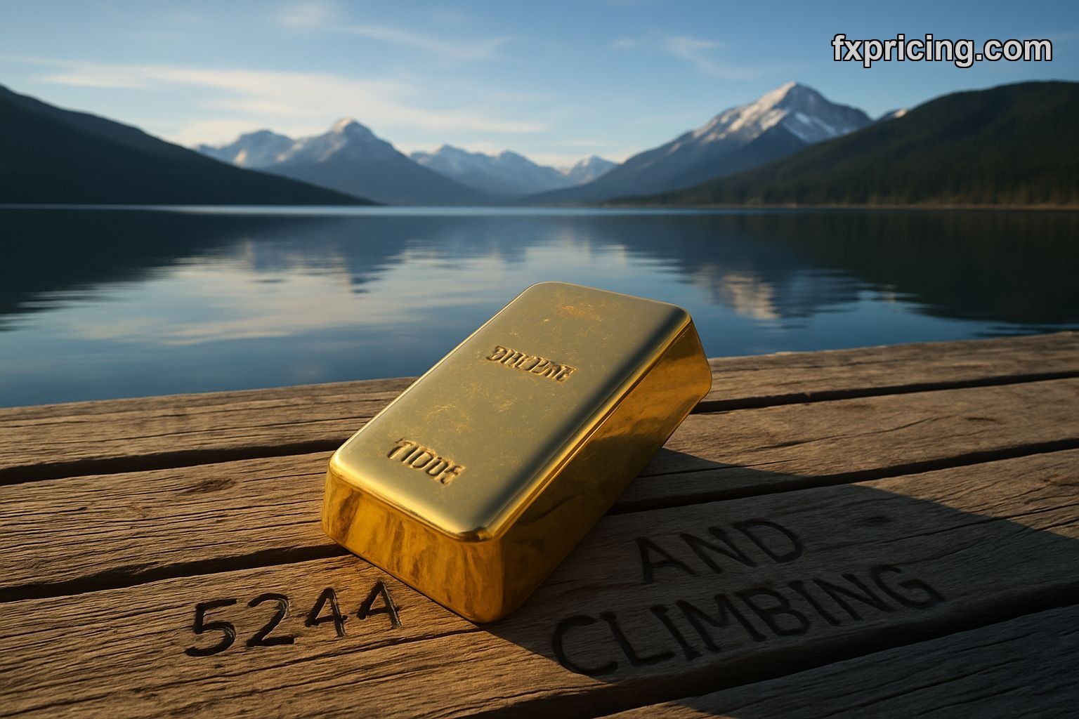 Gold bar on dock with mountain lake and price forecast