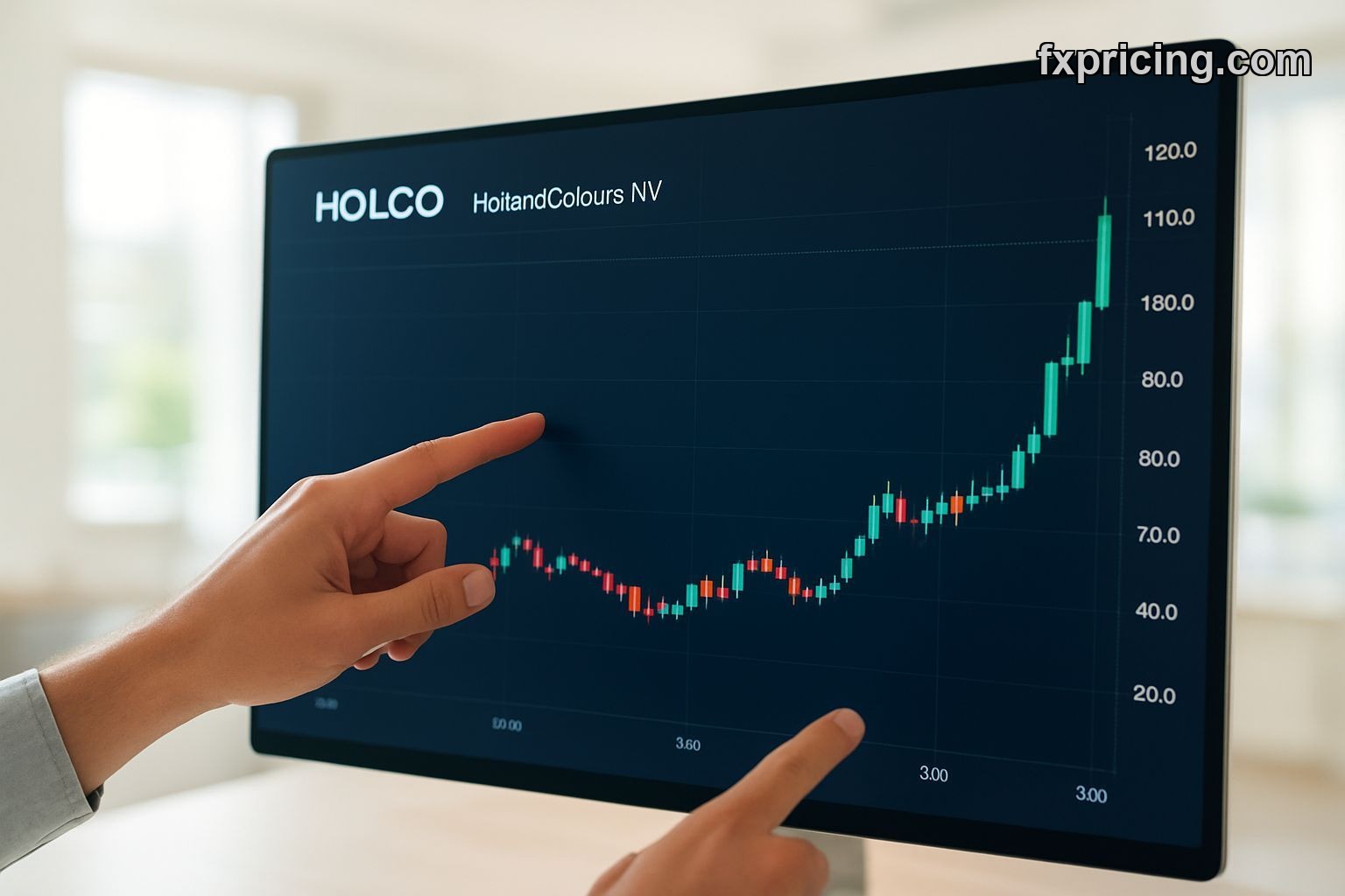 Hands pointing at a bullish Holland Colours NV stock chart.