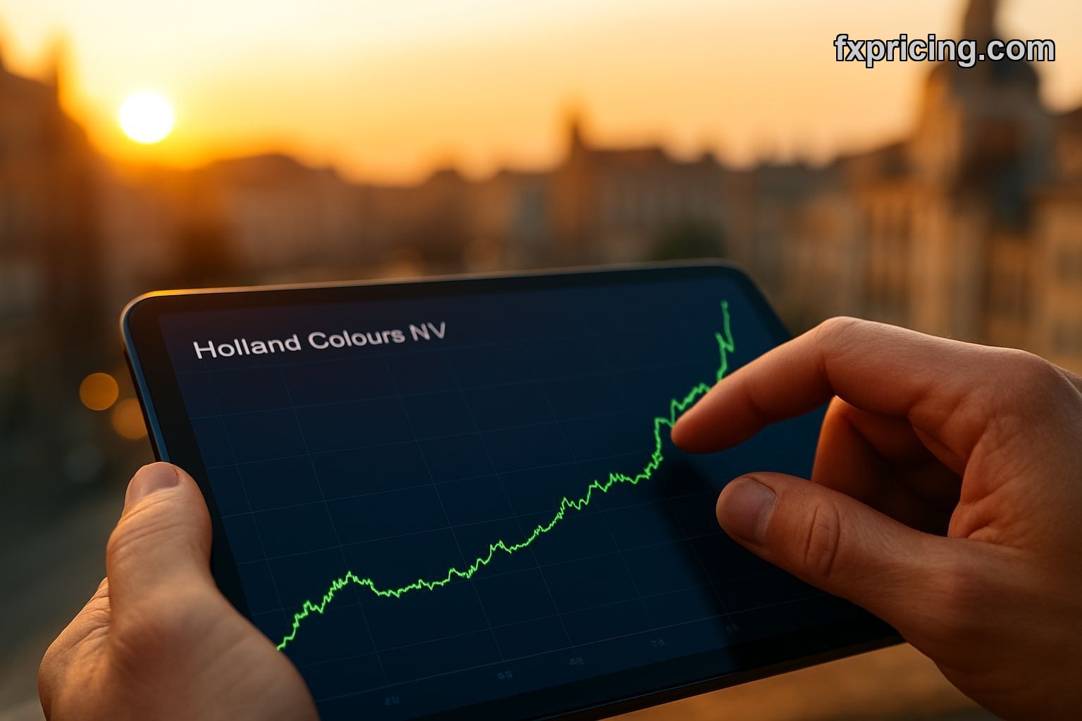 Investor analyzing Holland Colours NV stock chart with handwritten text overlay.