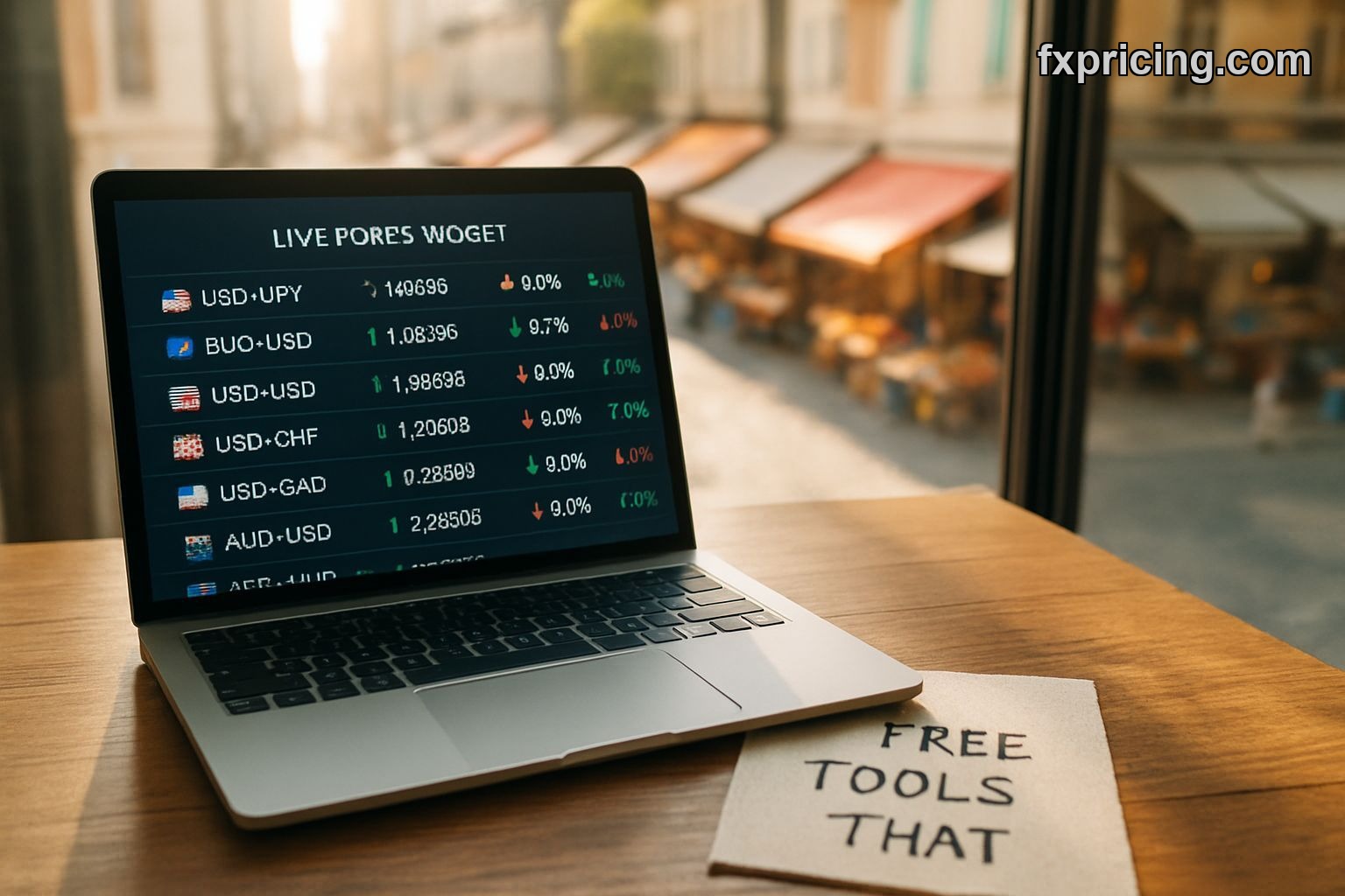 FXpricing.com widget displayed on laptop with forex data