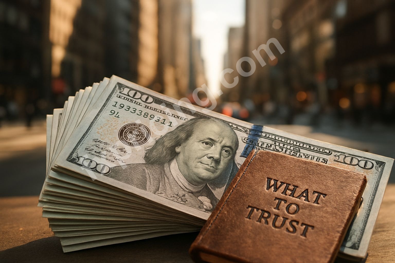 Stack of money with "WHAT TO TRUST?" text, JPM buy or sell.