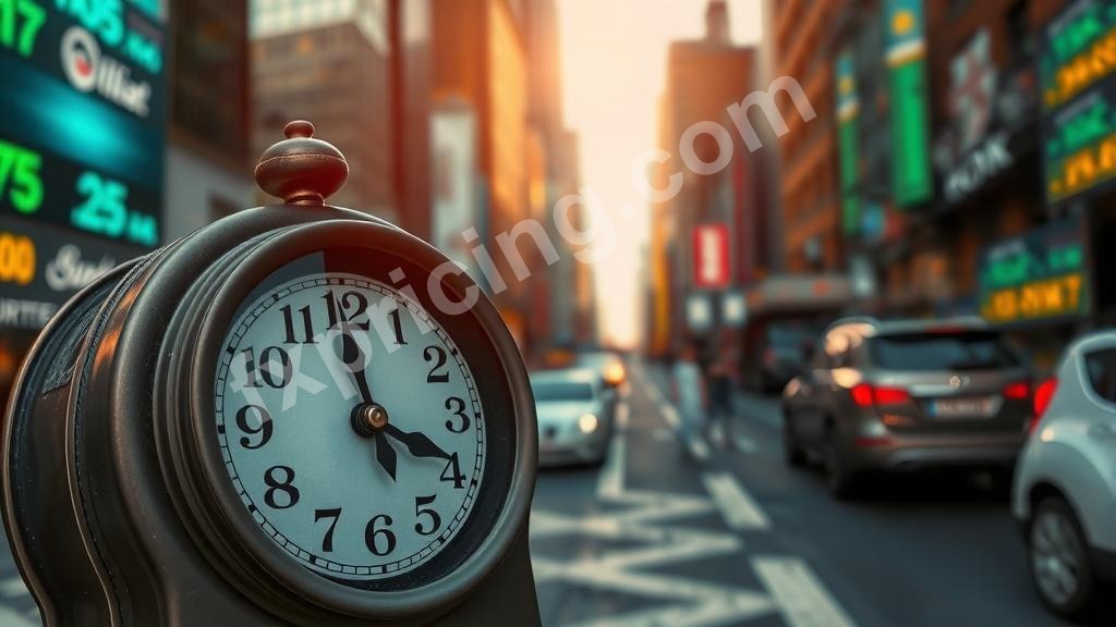 Mechanical clock with digital currency prices overlayed in a city setting.