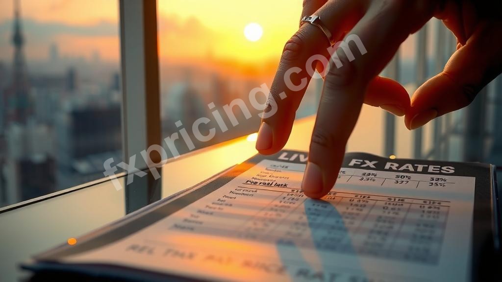 Hand tapping a printed paper showing live FX rates, with "REAL PRICE?" etched on glass.