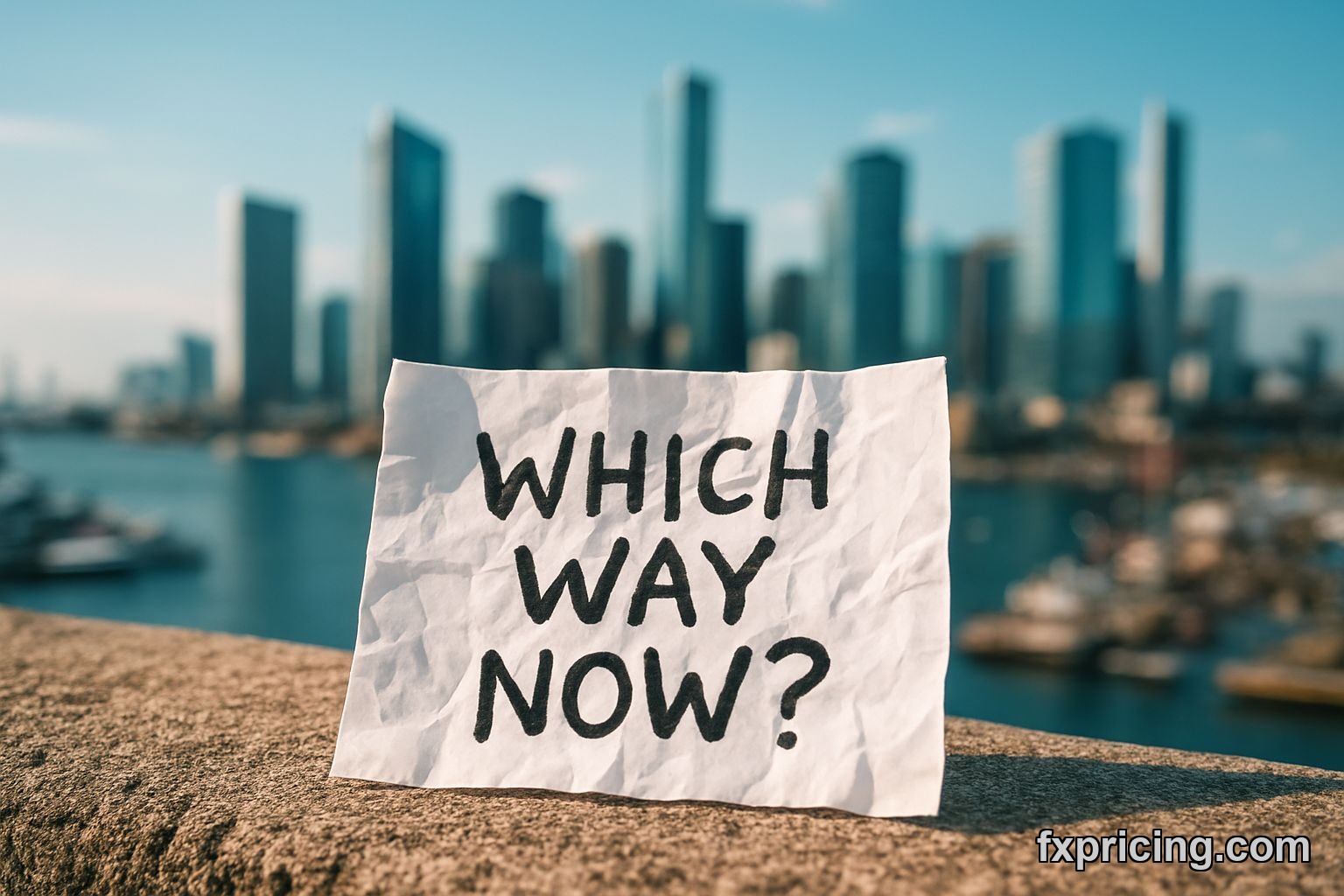 Handwritten note "Which Way Now?" on concrete, city skyline background.