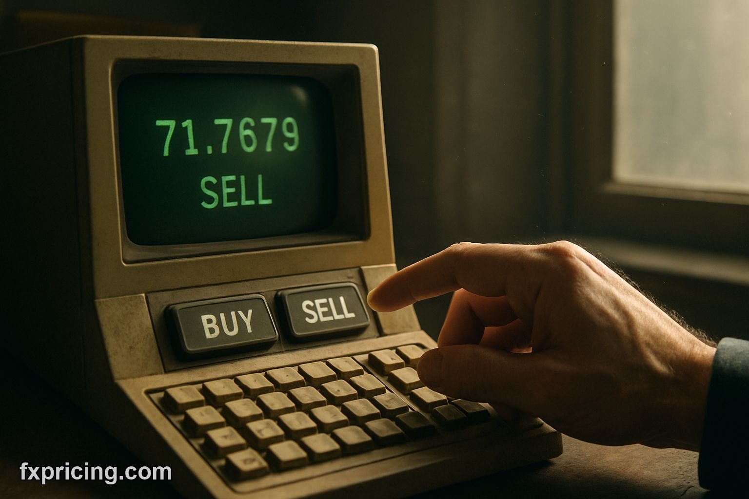 Trader's hand hesitates over 'BUY' button, seeing a 'Sell' signal on screen.