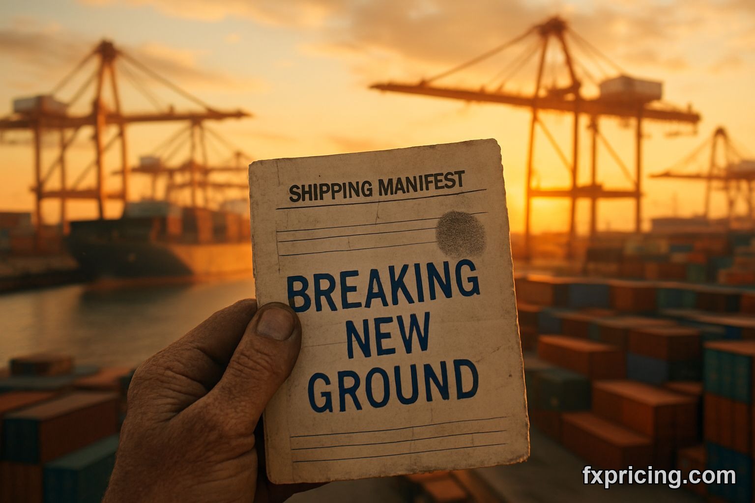 Hand holding manifest, "BREAKING NEW GROUND?" text, busy port in background, Okeanis Eco Tankers Corp.