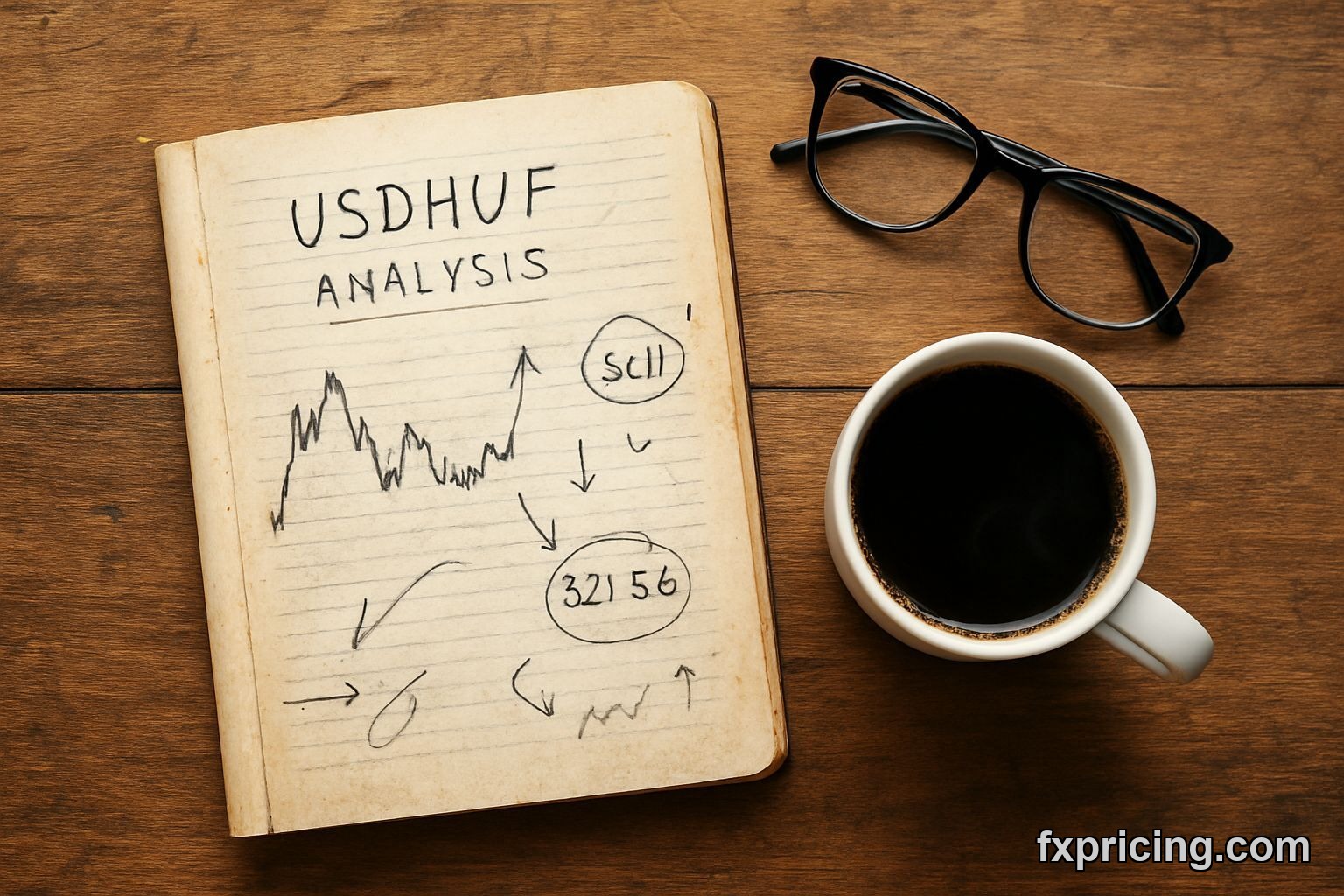 Hand-written USD/HUF analysis notes on a rustic table.