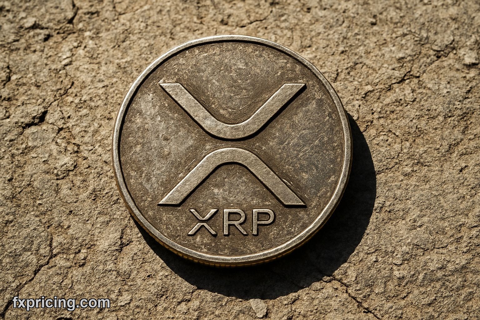 Worn XRP coin on cracked stone in sunlight.