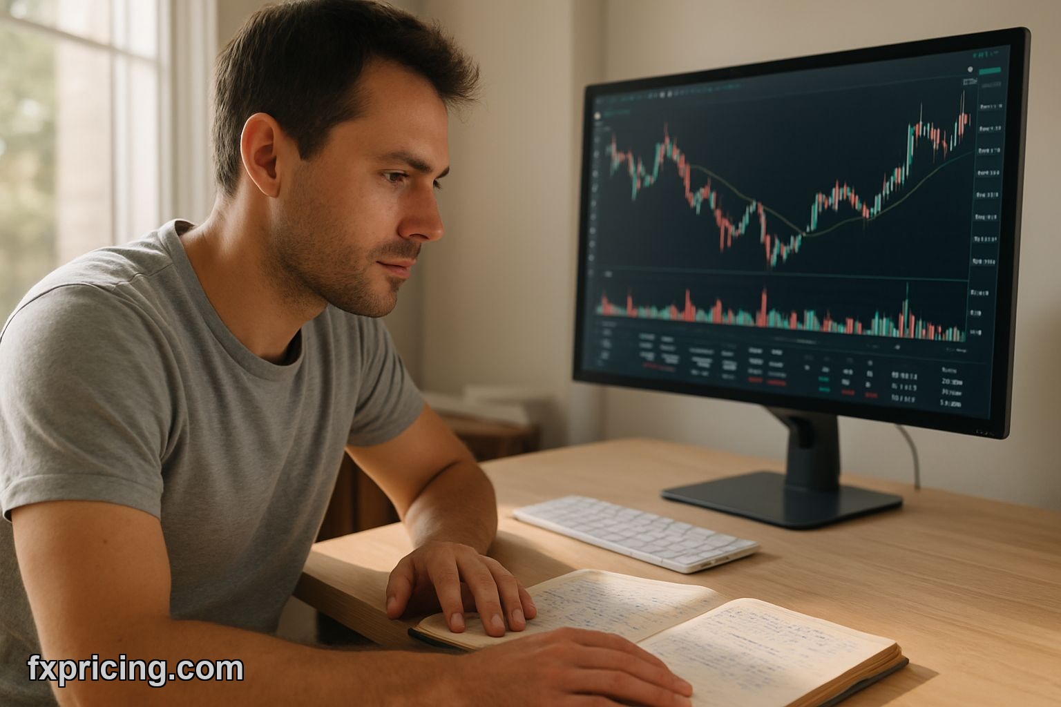 Trader analyzing XRP price on screen with "What's Next?" in notebook.