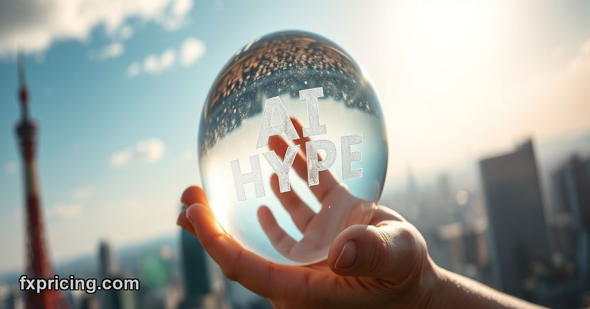 Hands holding "AI HYPE" sphere against Tokyo skyline