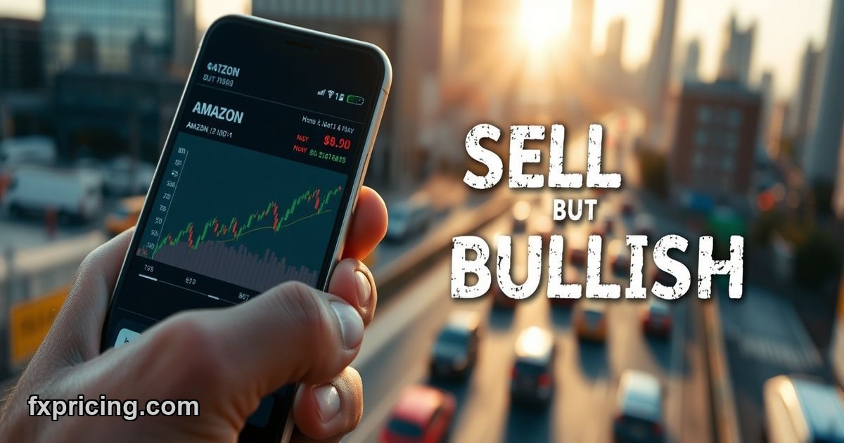 AMZN stock chart on phone, conflicting signals, urban background.