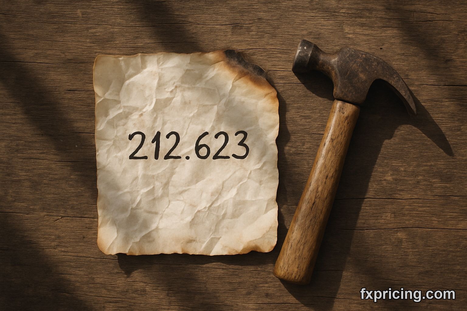 Crumpled paper with 212.623 and a hammer on wood.