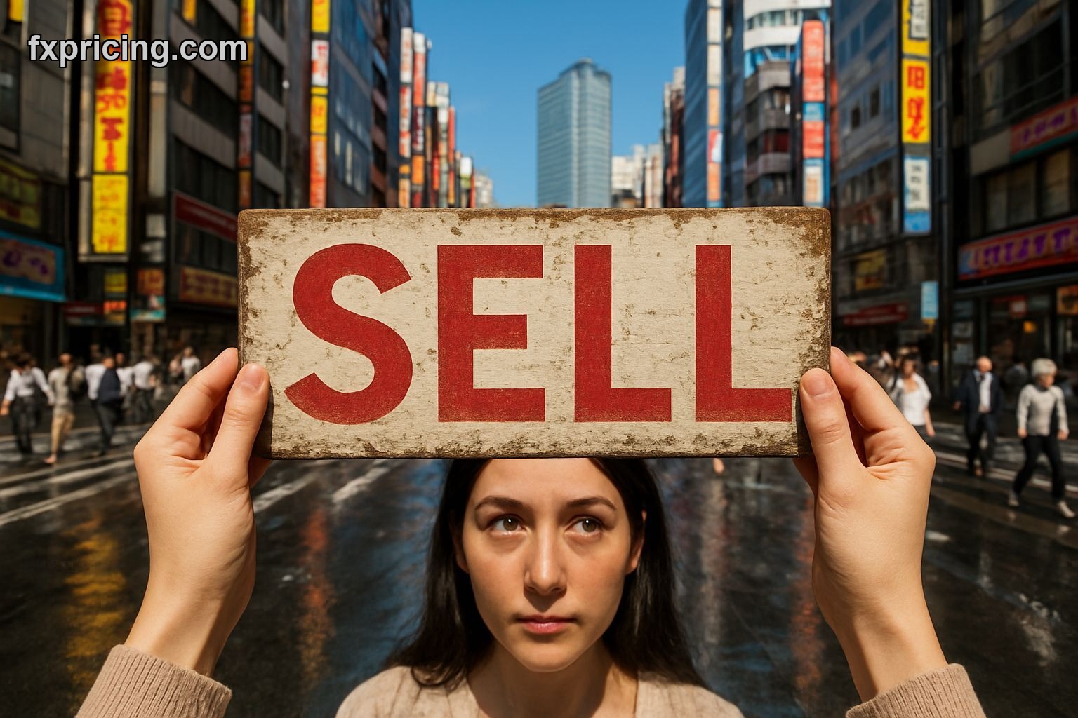 Person holds "SELL" sign with a Tokyo street background.