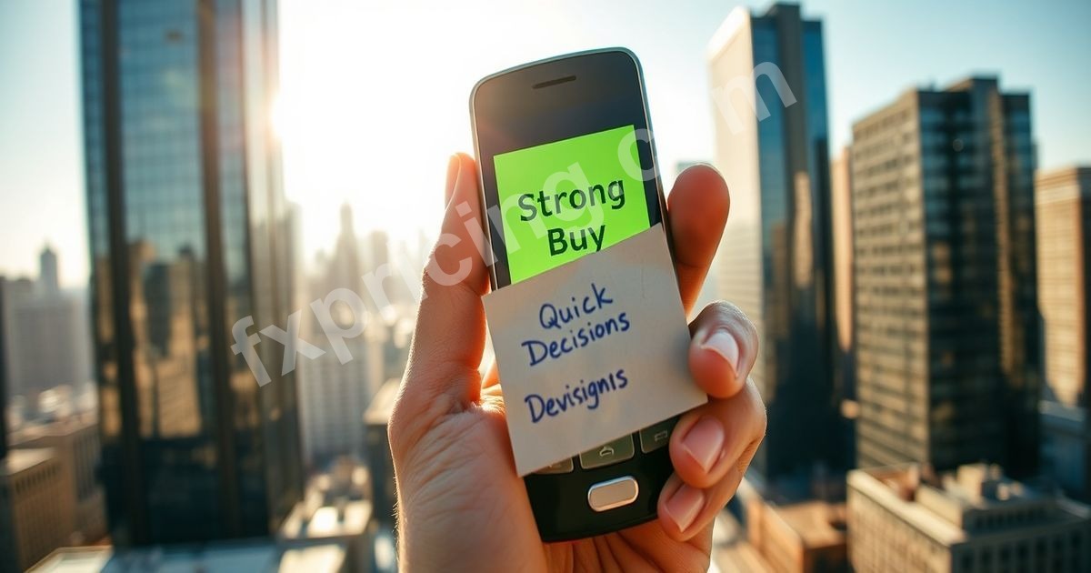 Hand holding flip phone displaying "Strong Buy" on screen against city skyline.