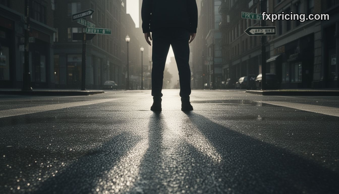 Person standing at confusing crossroads on a city street.