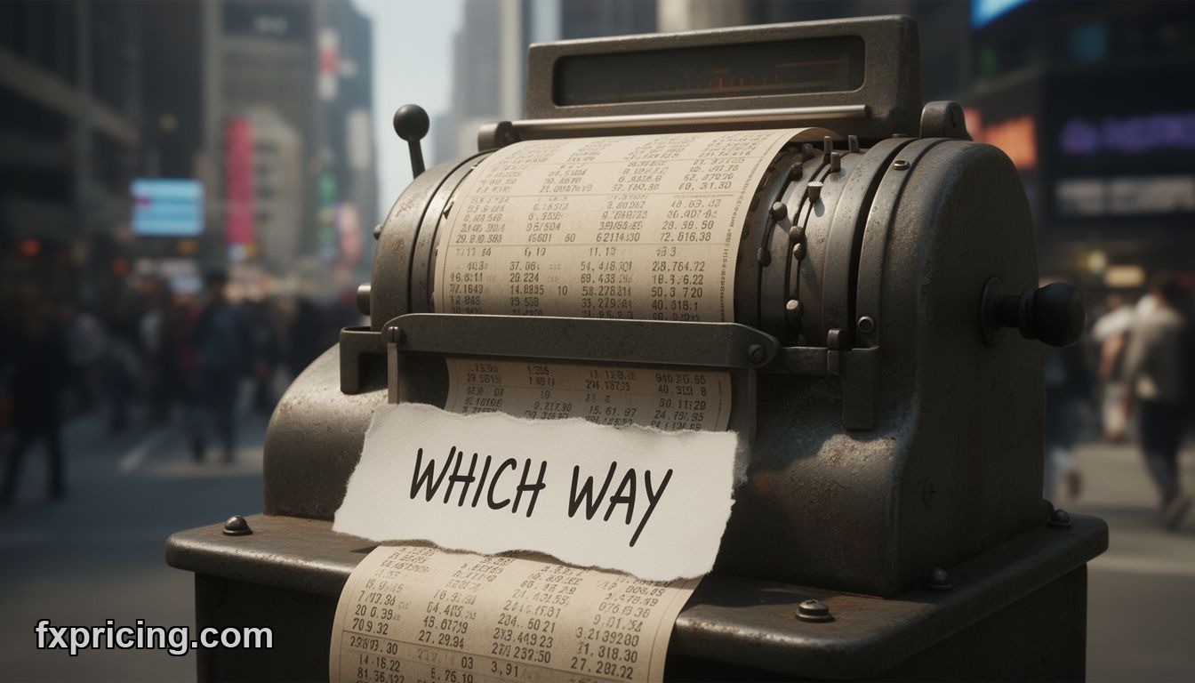 Close-up of old stock ticker with "WHICH WAY?" handwritten on torn paper.