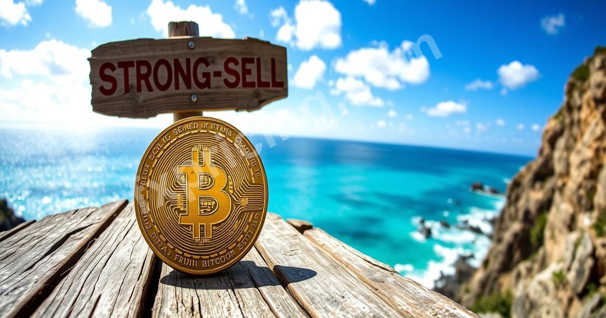 Bitcoin coin with Strong Sell sign on coastal cliff