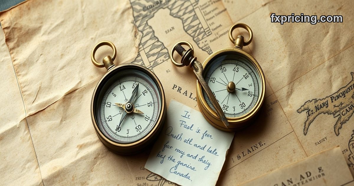 Crossed brass compasses on worn map for CAD JPY forecast