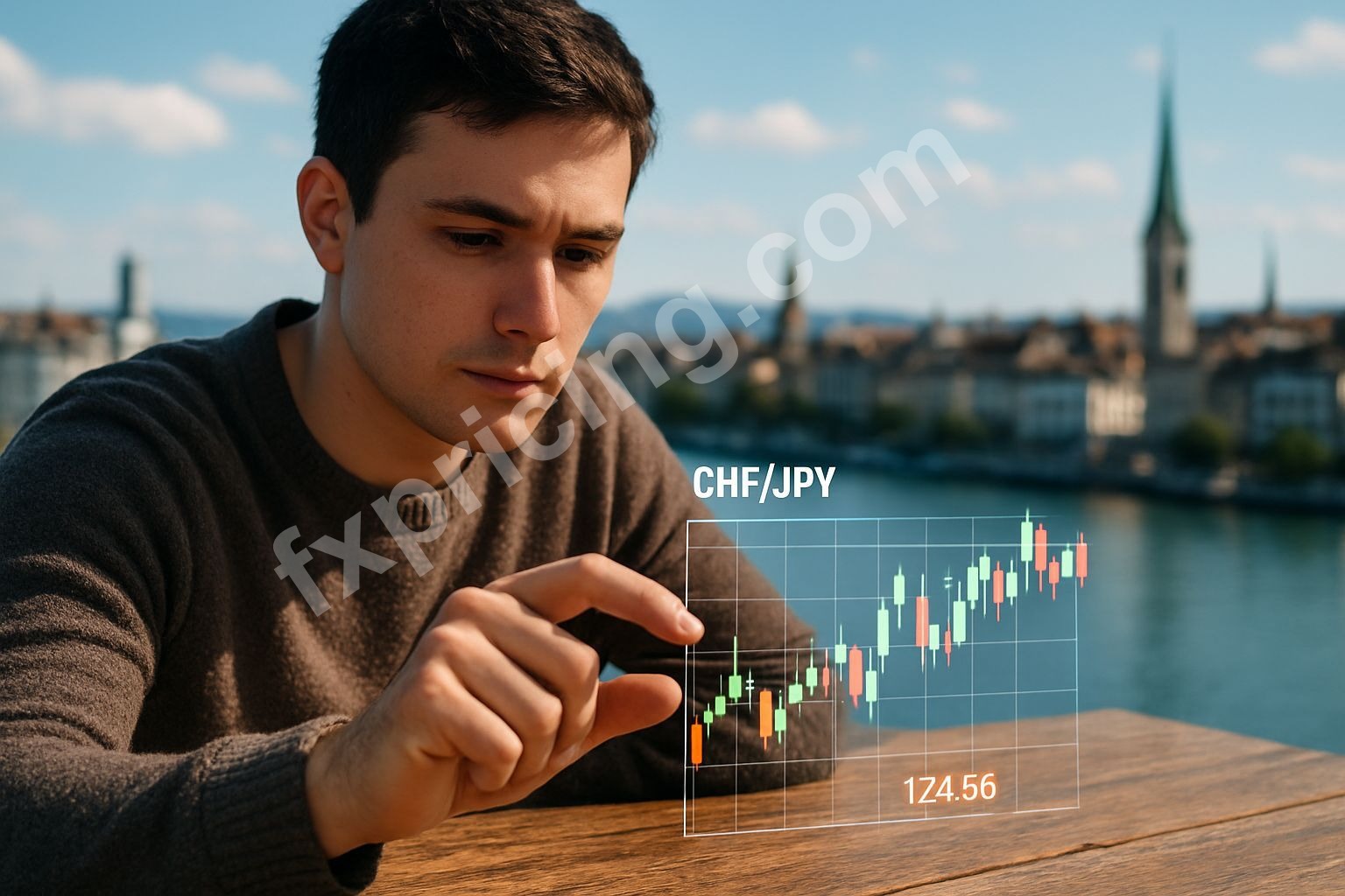 Trader analyzing CHF/JPY price chart, Zurich skyline