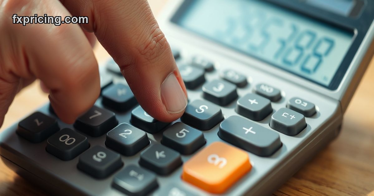 Frustrated person pressing calculator.