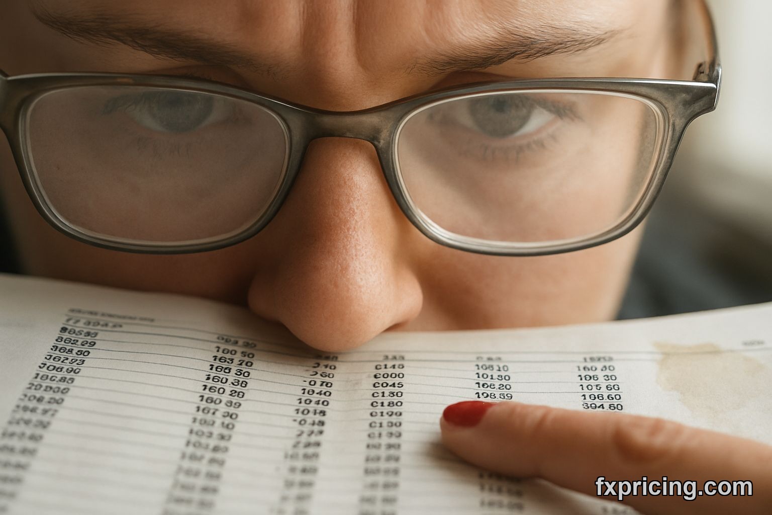 Person pointing at conflicting stock data on a report.