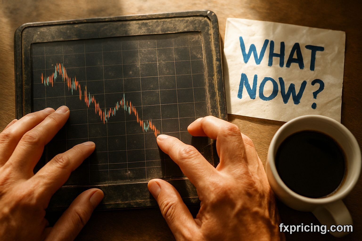 Person's hands on tablet with "WHAT NOW?" note.