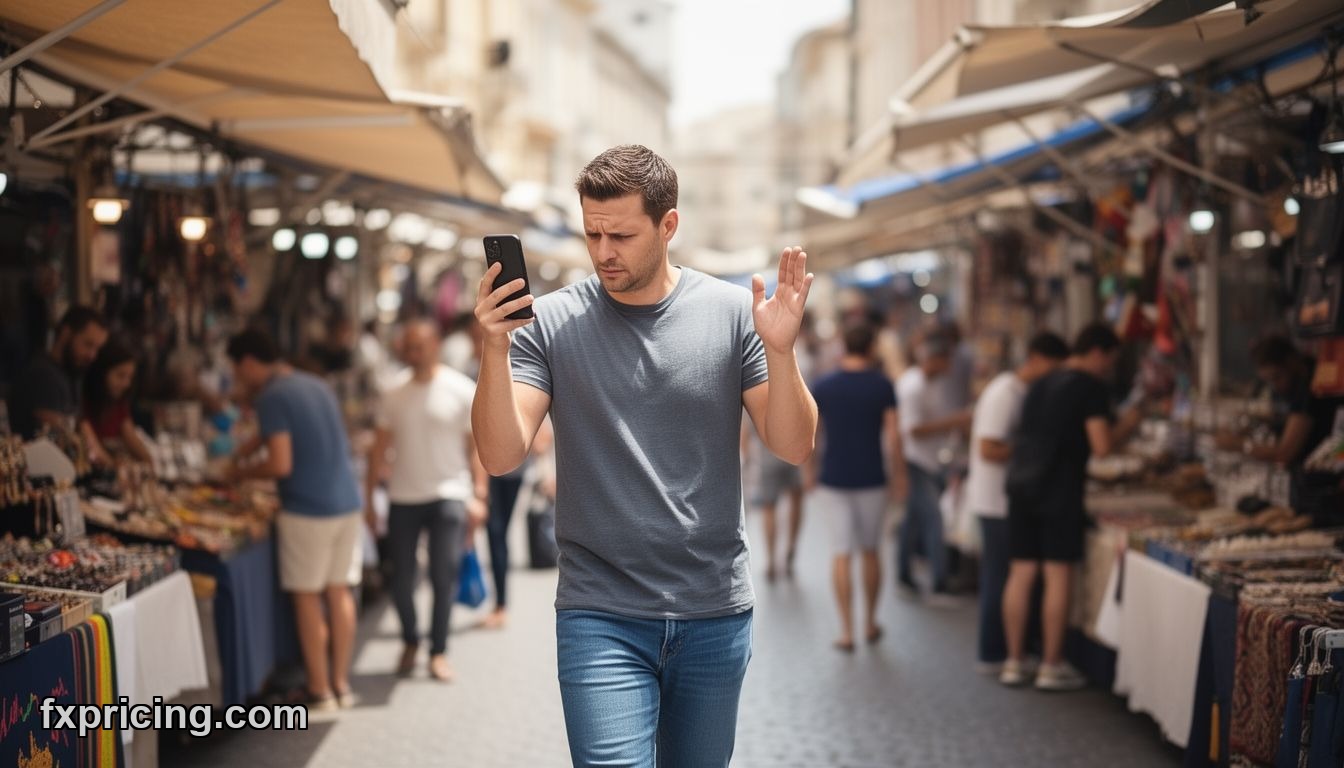 Man checks crypto prices on phone in street market.