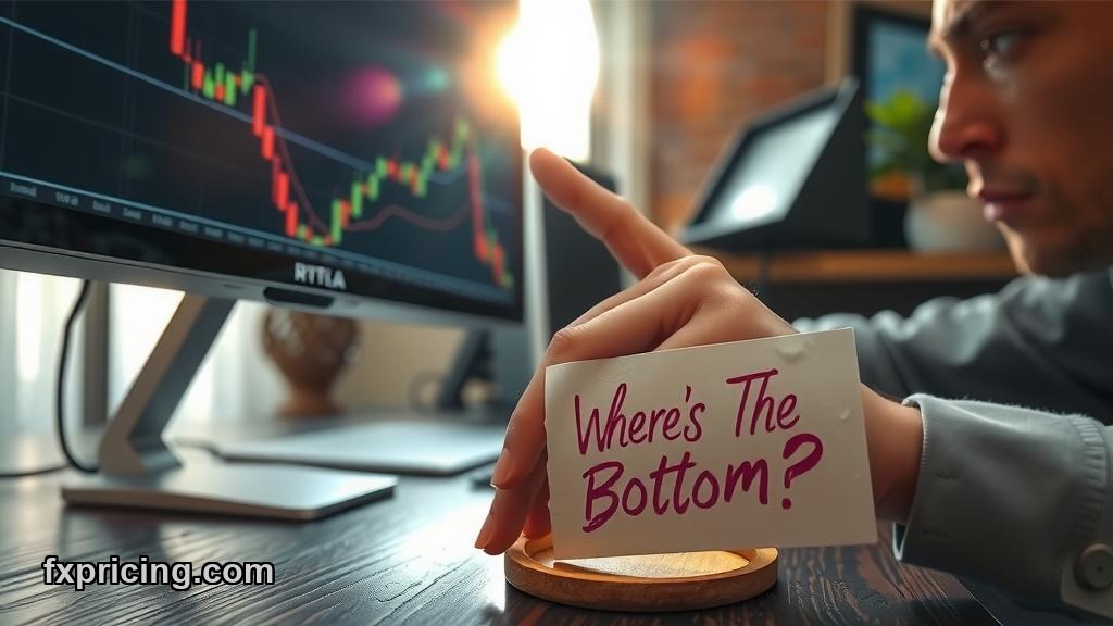 Trader's hand on a monitor, crypto chart, crumpled paper note asks "Where's The Bottom?".