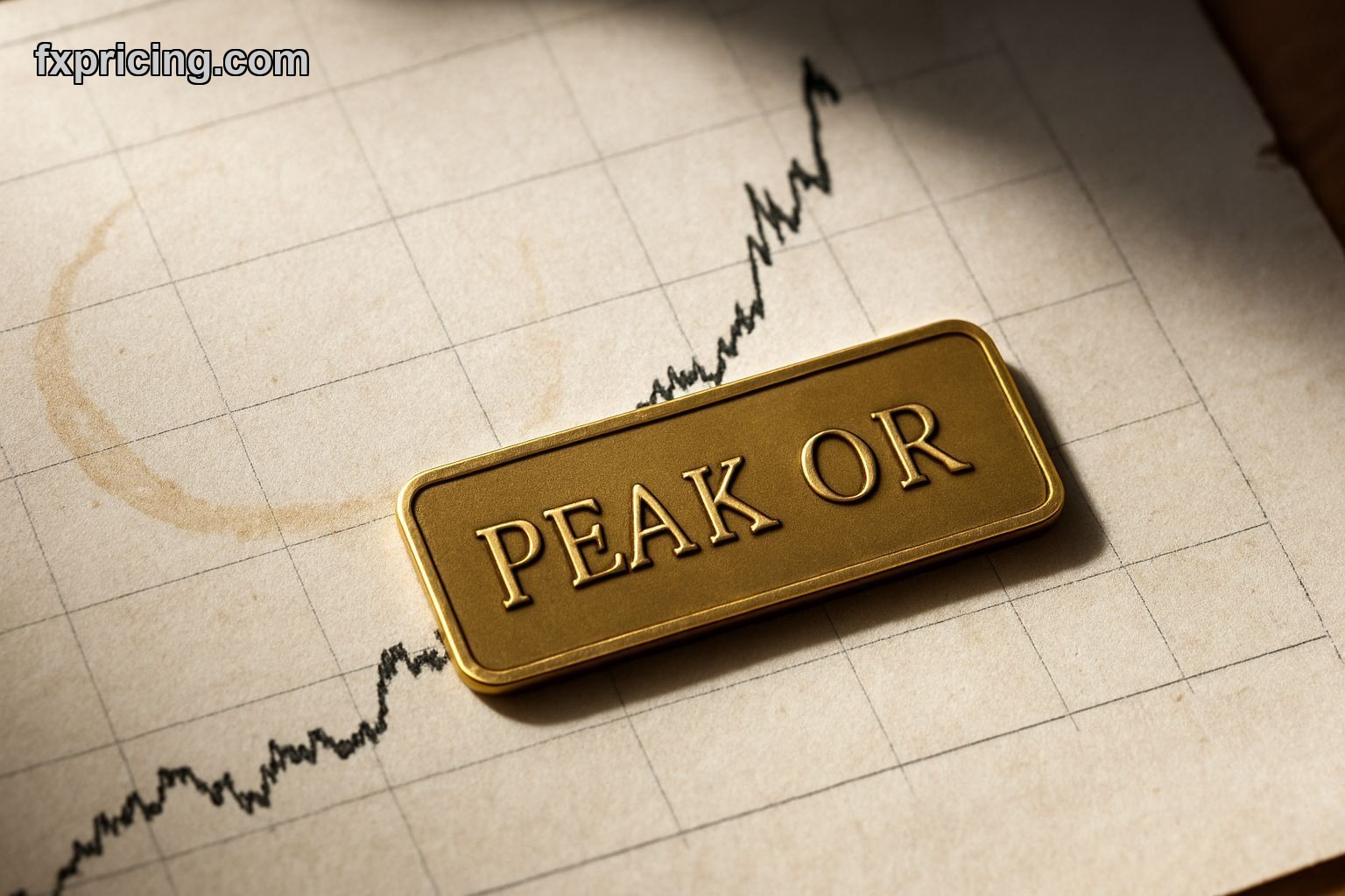 Stock chart with brass plaque asking "Peak or Pause?" for D.M. Corporation Limited.