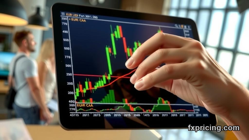 Close-up of hand scrolling tablet showing a dramatic EUR/USD forex spike.