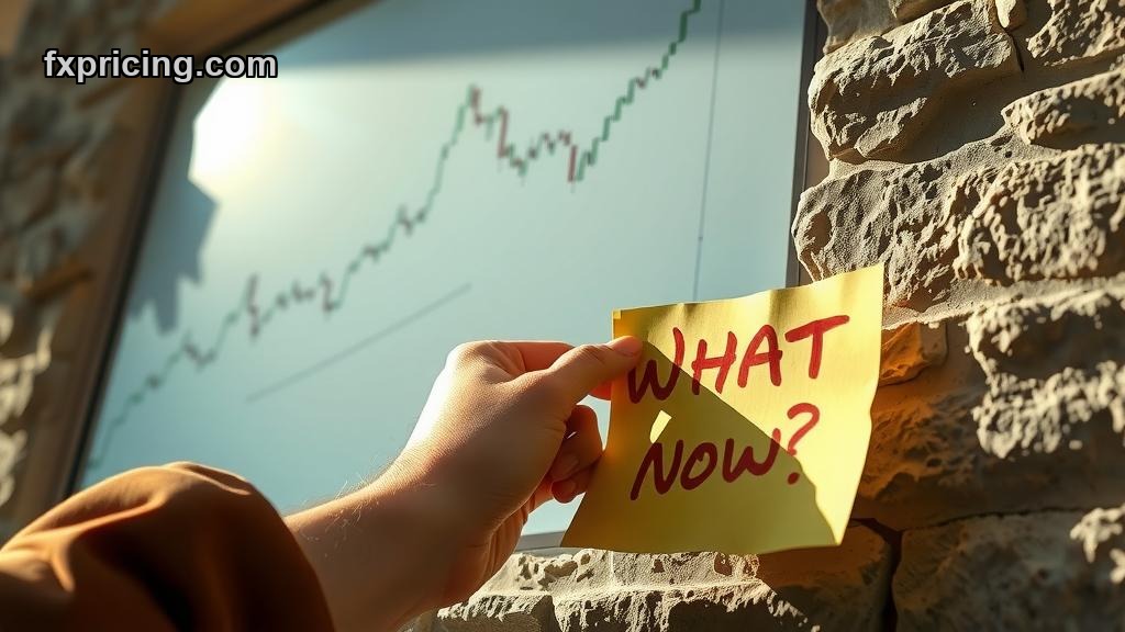 Hand pointing at financial chart showing sudden upward spike with "WHAT NOW?" note.