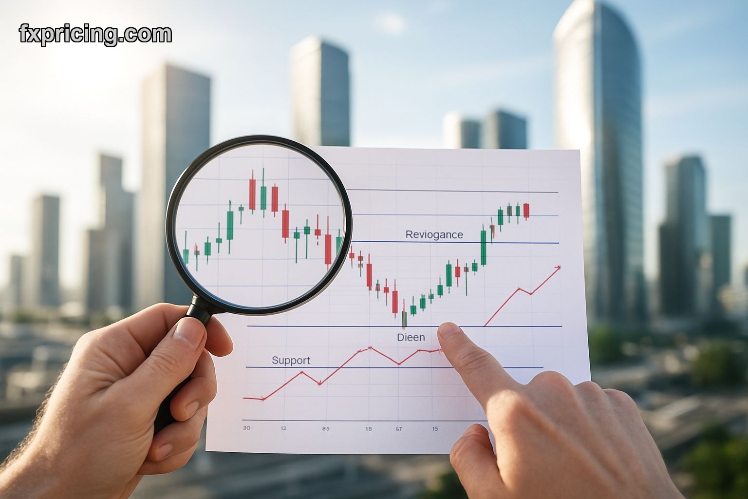 Hands examining a chart with a magnifying glass in a futuristic city setting.